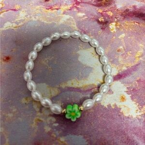 Pearl Beaded Bracelet with Green Flower Charm